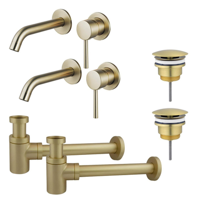 FugaFlow Eccelente Sobrado Badkamer Slim Wastafelkraanset - voor dubbele wastafel - inbouw wastafelkraan - always open plug - verlaagde design sifon - PVD Geborsteld Messing