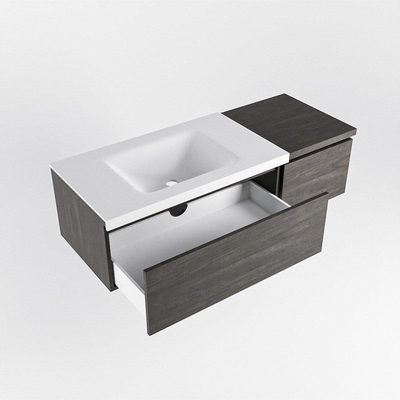 MONDIAZ BUKLA 120cm badmeubel met module 40 kleur Dark Brown met 2 lades. Wastafel CLOUD links 1 kraangat kleur Talc.