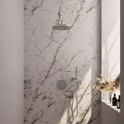 BRAUER Chrome Carving thermostatische Inbouw Regendouche - 3-weg - rond - set 76 - 30cm hoofddouche - gebogen muurarm - staaf handdouche - doucheslang - wandaansluitbocht - chroom