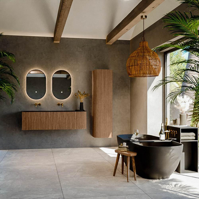 MONDIAZ KURVE 145cm badmeubel met module 25 R kleur Walnut met 1 lade en 1 deur. Wastafel CLOUD dubbel / links zonder kraangat Urban.