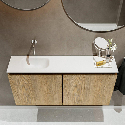 MONDIAZ TURE Fonteinset - 100x23x50cm - 0 kraangaten - 2 deuren - washed oak mat - Wasbak links - Solid Surface Wit