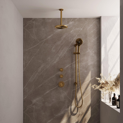 Brauer Gold Edition Regendoucheset inbouw - hoofddouche 20cm - plafondarm 20cm - 3 gladde knoppen - handdouche rond 3 standen - PVD - geborsteld goud