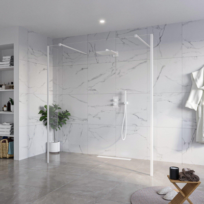 Fortifura Galeria Vrijstaande Inloopdouche - 180x200cm - Helder - antikalk - 8mm veiligheidsglas - 2 zijwanden 30cm - wandsteunen en hoekprofielen - Wit mat