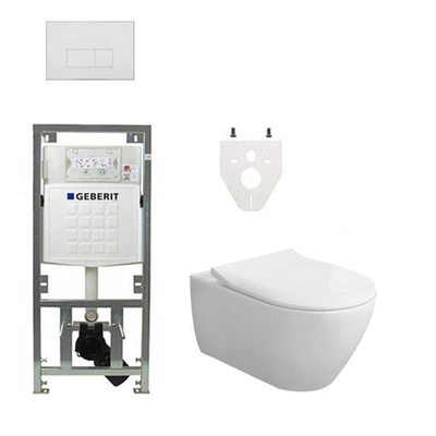 Villeroy en Boch Subway 2.0 DirectFlush CeramicPlus toiletset slimseat zitting met Geberit reservoir en bedieningsplaat met rechthoekige knoppen wit