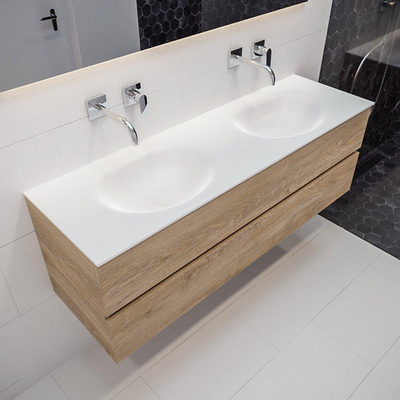 MONDIAZ VICA Badkamermeubelset - 150cm - 2 lades - wasbak Moon dubbel - 0 kraangaten - solid surface washed oak