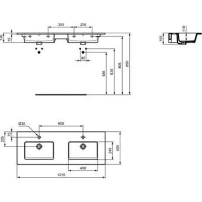 Ideal Standard Tiempo meubelwastafel dubbel met 2 kraangaten met overloop 121.5x45cm wit