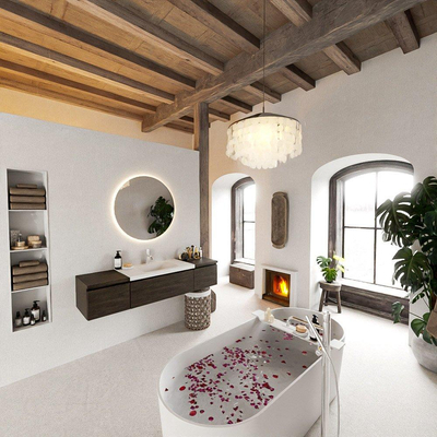 MONDIAZ BUKLA 160cm badmeubel met module 40 kleur Dark Brown met 3 lades. Wastafel CLOUD midden 1 kraangat kleur Talc.