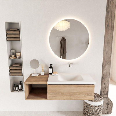 MONDIAZ BUKLA 120cm badmeubel met open module 40 kleur Washed Oak met 1 lade. Wastafel CLOUD rechts 0 kraangaten kleur Talc.