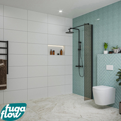 FugaFlow Eccelente Vetro inloopdouche badkamer - 30x200cm - rookglas - wandarm - mat zwart