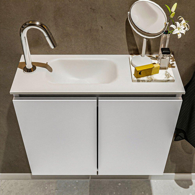 MONDIAZ TURE Fonteinset - 60x23x50cm - 1 kraangat - 2 deuren - talc mat - Wasbak links - Solid Surface Wit