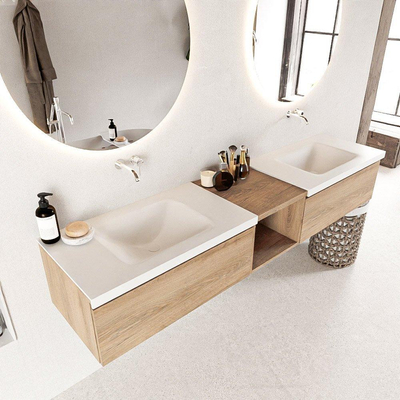 Mondiaz BUKLA Badkamermeubelset - 200x45x34cm - 0 kraangaten - 2 wasbakken solid surface - Talc - greeploos - 2 lades - Melamine - Washed Oak