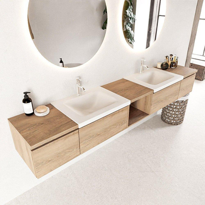 Mondiaz BUKLA Badkamermeubelset - 240x45x34cm - 2 kraangaten - 2 wasbakken solid surface - Talc - greeploos - 4 lades - Melamine - Washed Oak