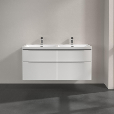 Villeroy & Boch Subway 3.0 wastafelonderkast 130x55x45cm met aluminium glanzende greep 2 sifonuitsparingen links en rechts spaanplaat Pure White