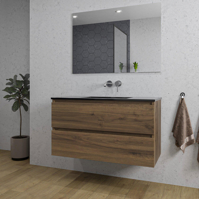 Adema Chaci Badkamermeubelset - 100x46x57cm - 1 keramische wasbak zwart - zonder kraangaten - 2 lades - rechthoekige spiegel - noten (hout)