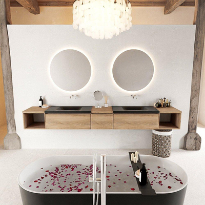 MONDIAZ BUKLA 280cm badmeubel met open module 40 L+R kleur Washed Oak met 3 lades. Wastafel CLOUD dubbel 0 kraangaten kleur Urban.