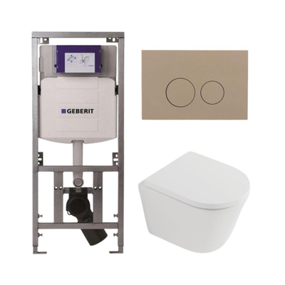 QeramiQ Dely Toiletset - 36.3x51.7cm - diepspoel - rimless - Geberit UP320 inbouwreservoir - softclose toilet zitting 35 mm - bedieningsplaat taupe - ronde knoppen - mat wit