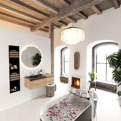 MONDIAZ BUKLA 100cm badmeubel met module 40 kleur Washed Oak met 2 lades. Wastafel CLOUD links 1 kraangat kleur Urban.