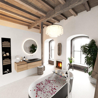 MONDIAZ BUKLA 120cm badmeubel met module 40 kleur Washed Oak met 2 lades. Wastafel CLOUD rechts 0 kraangaten kleur Urban.