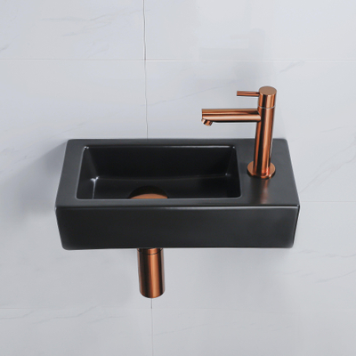 QeramiQ Fuente Fonteinset - 37.5x18.5x9cm - keramiek - kraangat rechts - fonteinkraan geborsteld koper - afvoerplug - verlaagd sifon - Mat Zwart