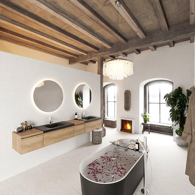 MONDIAZ BUKLA 240cm badmeubel met module 40 rechts kleur Washed Oak met 4 lades. Wastafel CLOUD dubbel 2 kraangaten kleur Urban.