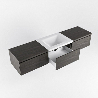 MONDIAZ BUKLA 180cm badmeubel met module 60 kleur Dark Brown met 3 lades. Wastafel CLOUD midden 1 kraangat kleur Talc.