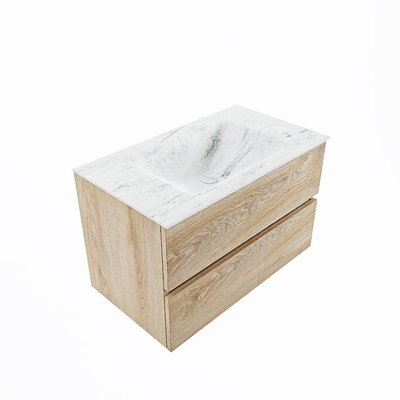 MONDIAZ VICA-DLUX Badkamermeubelset - 80cm - onderkast washed oak - 2 lades - inbouw wastafel cloud midden - 1 kraangat - 60cm hoge versie - opalo