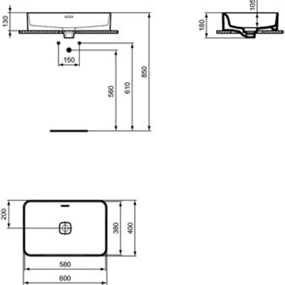 Ideal Standard Strada II opbouwwastafel m. geglazuurde achterwand zonder kraangat met overloop 60x40cm wit