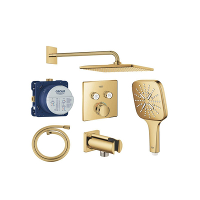 Grohe Grohtherm regendoucheset inbouw - hoofddouche vierkant - handdouche vierkant - gebogen wandarm - cool sunrise