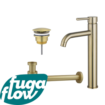 FugaFlow Eccelente Sobrado Badkamer Wastafelkraanset - verhoogde wastafelkraan - always open plug - verlaagde design sifon - PVD Geborsteld Messing