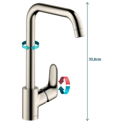 Hansgrohe Focus E2 keukenkraan met hoge draaibare uitloop instelbaar 110 150 en 360 RVS look