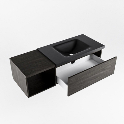 MONDIAZ BUKLA 120cm badmeubel met open module 40 kleur Dark Brown met 1 lade. Wastafel CLOUD rechts 1 kraangat kleur Urban.