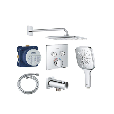 Grohe Grohtherm regendoucheset inbouw - hoofddouche vierkant - handdouche vierkant - gebogen wandarm - chroom