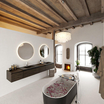 MONDIAZ BUKLA 240cm badmeubel met module 40 rechts kleur Dark Brown met 4 lades. Wastafel CLOUD dubbel 2 kraangaten kleur Urban.