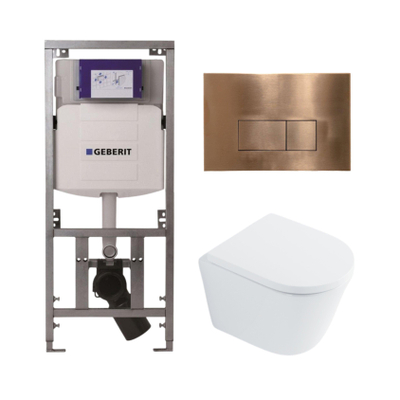 QeramiQ Dely Toiletset - 36.3x51.7cm - diepspoel - rimless - Geberit UP320 Burda inbouwreservoir - softclose toilet zitting 35 mm - koperen bedieningsplaat - rechthoekige knoppen - wit glans