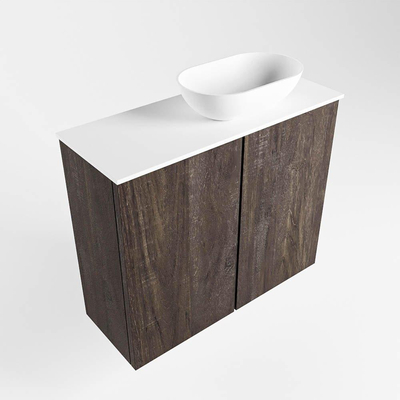 Mondiaz Fowy Toiletmeubel - 60x50x23cm - dark brown mat - 1 kraangat - wasbak rechts - 2 deuren - solid surface - blad Melamine - wasbak: wit