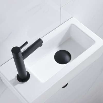 QeramiQ Fuente Fonteinset - 37.5x18.5x9cm - keramiek - kraangat links - fonteinkraan zwart mat - afvoerplug - verlaagd sifon - Glans wit