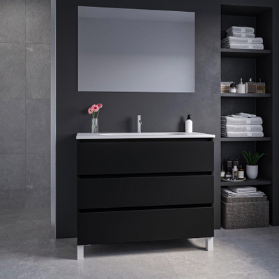 Adema Chaci PLUS Badkamermeubelset - 100x86x46cm - 1 ovale keramische wasbak wit - 1 kraangat - 3 lades - rechthoekige spiegel - mat zwart