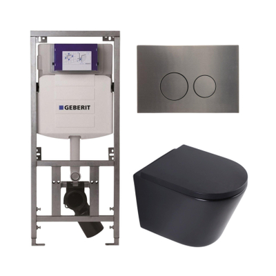 QeramiQ Dely Toiletset - 36.3x51.7cm - diepspoel - rimless - Geberit UP320 inbouwreservoir - softclose toilet zitting 35 mm - gunmetal bedieningsplaat - ronde knoppen - mat zwart