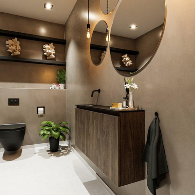 MONDIAZ TURE Fonteinset - 100x23x50cm - 0 kraangaten - 2 deuren - dark brown mat - Wasbak links - Solid Surface Zwart