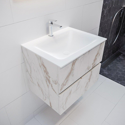 MONDIAZ VICA Badkamermeubelset - 60cm - 2 lades - wasbak Cloud midden - 1 kraangat - solid surface carrara marmer