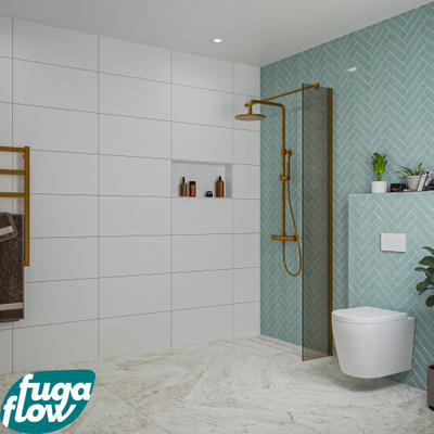 FugaFlow Eccelente Vetro inloopdouche badkamer - 30x200cm - rookglas - wandarm - geborsteld koper