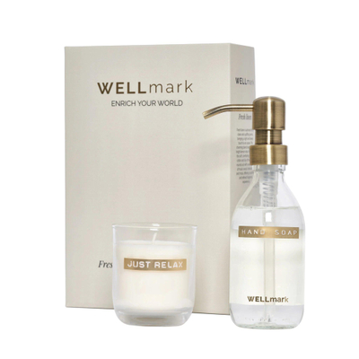 Wellmark Discover giftset - handzeep en geurkaars - fresh linnen - helder glas