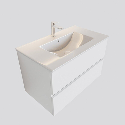 MONDIAZ VICA Badkamermeubelset - 80cm - 2 lades - wasbak Denia midden - 1 kraangat - solid surface talc