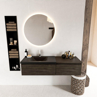 MONDIAZ BUKLA 140cm badmeubel met module 60 kleur Dark Brown met 2 lades. Wastafel CLOUD links 1 kraangat kleur Urban.