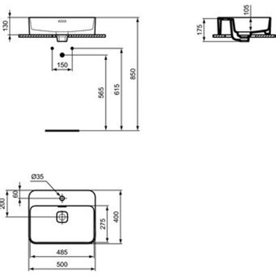 Ideal Standard Strada II opbouwwastafel m. geglazuurde achterwand 1 kraangat met overloop 50x40cm wit