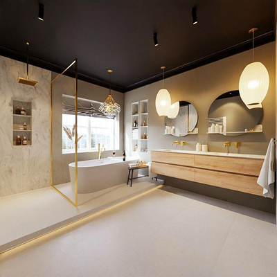 MONDIAZ VICA-DLUX Badkamermeubelset - 200cm - onderkast washed oak - 4 lades - inbouw wastafel cloud dubbel - zonder kraangaten - 60cm hoge versie - opalo