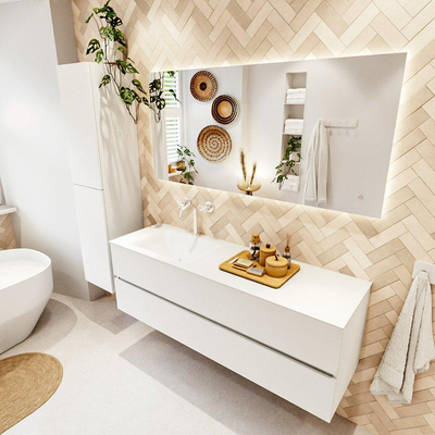 MONDIAZ VICA 150cm badmeubel onderkast Talc 2 lades. Wastafel CLOUD links 1 kraangat, kleur Talc.