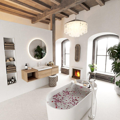 MONDIAZ BUKLA 140cm badmeubel met open module 40 links kleur Washed Oak met 2 lades. Wastafel CLOUD midden 1 kraangat kleur Talc.