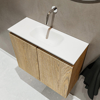 MONDIAZ TURE Fonteinset - 60x23x50cm - 0 kraangaten - 2 deuren - washed oak mat - Wasbak midden - Solid Surface Wit