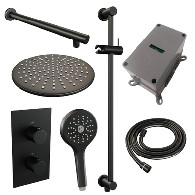 Brauer Black Carving Regendoucheset inbouw - hoofddouche 30cm - rechte wandarm - glijstang - met inbouwdeel - 2 functies - carving knop - handdouche Rond 1 stand - mat zwart